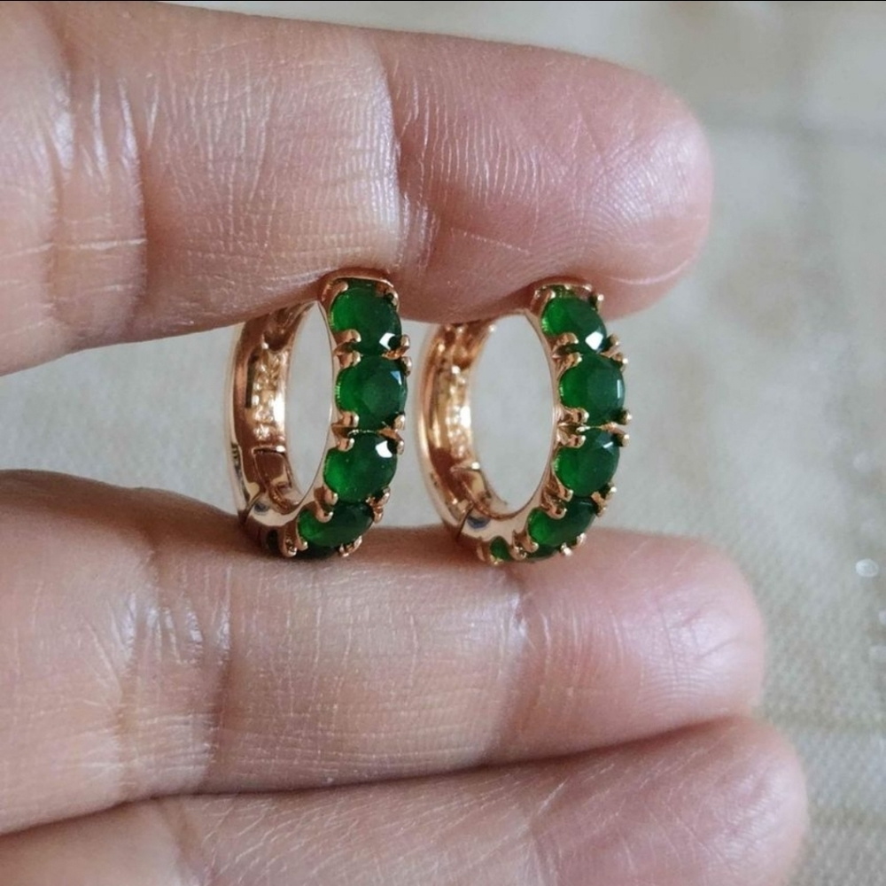 New 14K Gold Plated Emerald Huggie Hoop Earrings for Women - Picture 3 of 10